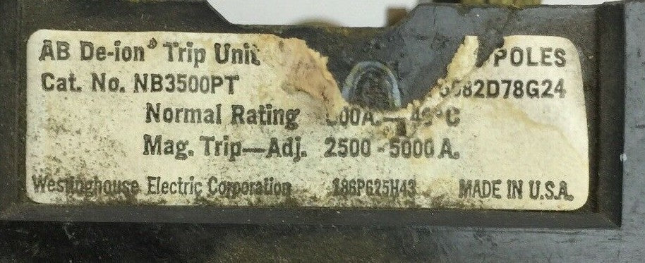 WESTINGHOUSE NB3500PT AB DE-ION TRIP UNIT 500AMP 3POLE MAG TRIP ADJ 2500-5000A