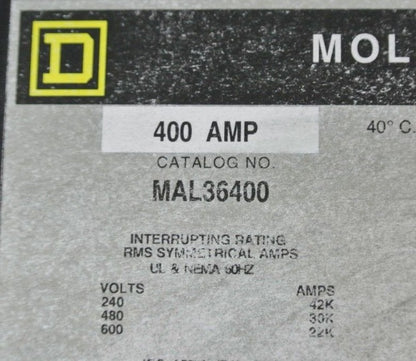 SQUARE D MAL34600 MOLDED CASE CIRCUIT BREAKER / 400A / 600V / 3-POLE NEW SURPLUS