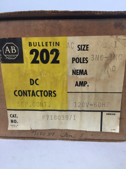 ALLEN BRADLEY 202AC-F718039/1 DC CONTACTOR 250VDC 3NO-1NC 71A86 COIL 120V 60HZ