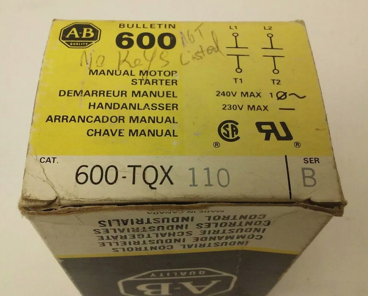 ALLEN BRADELY 600-TQX110 SER.B, MANUAL MOTOR STARTER  240V, NO KEY
