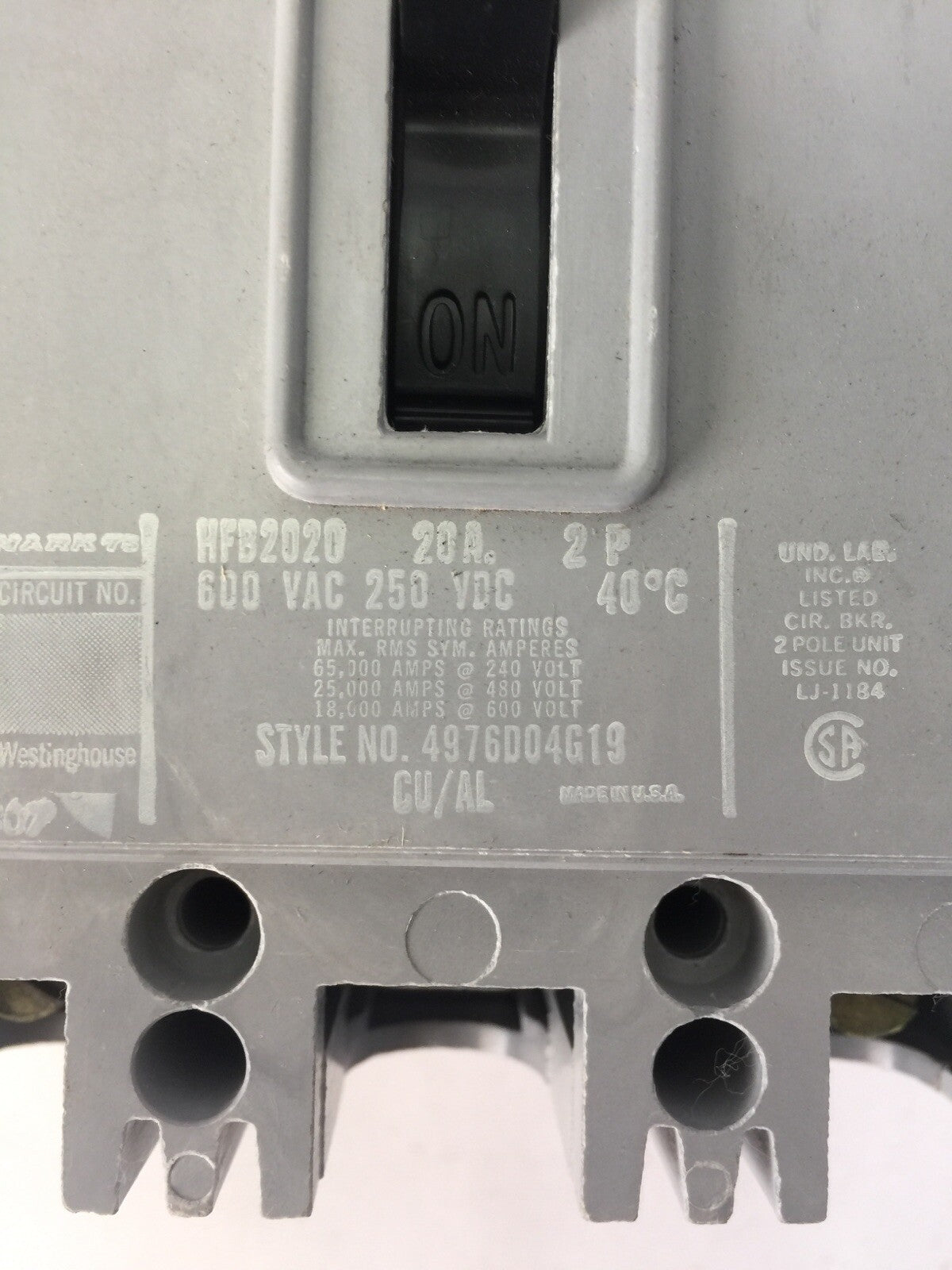 WESTINGHOUSE HFB2020 CIRCUIT BREAKER 20AMP 600VAC 250VDC 2P 4976D04G19