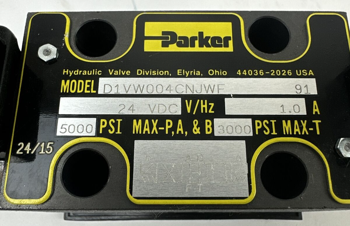 PARKER D1VW004CNJWF SOLENOID VALVE 24VDC 1.0A 5000PSI MAX-P,A,&B 3000PSI MAX-T