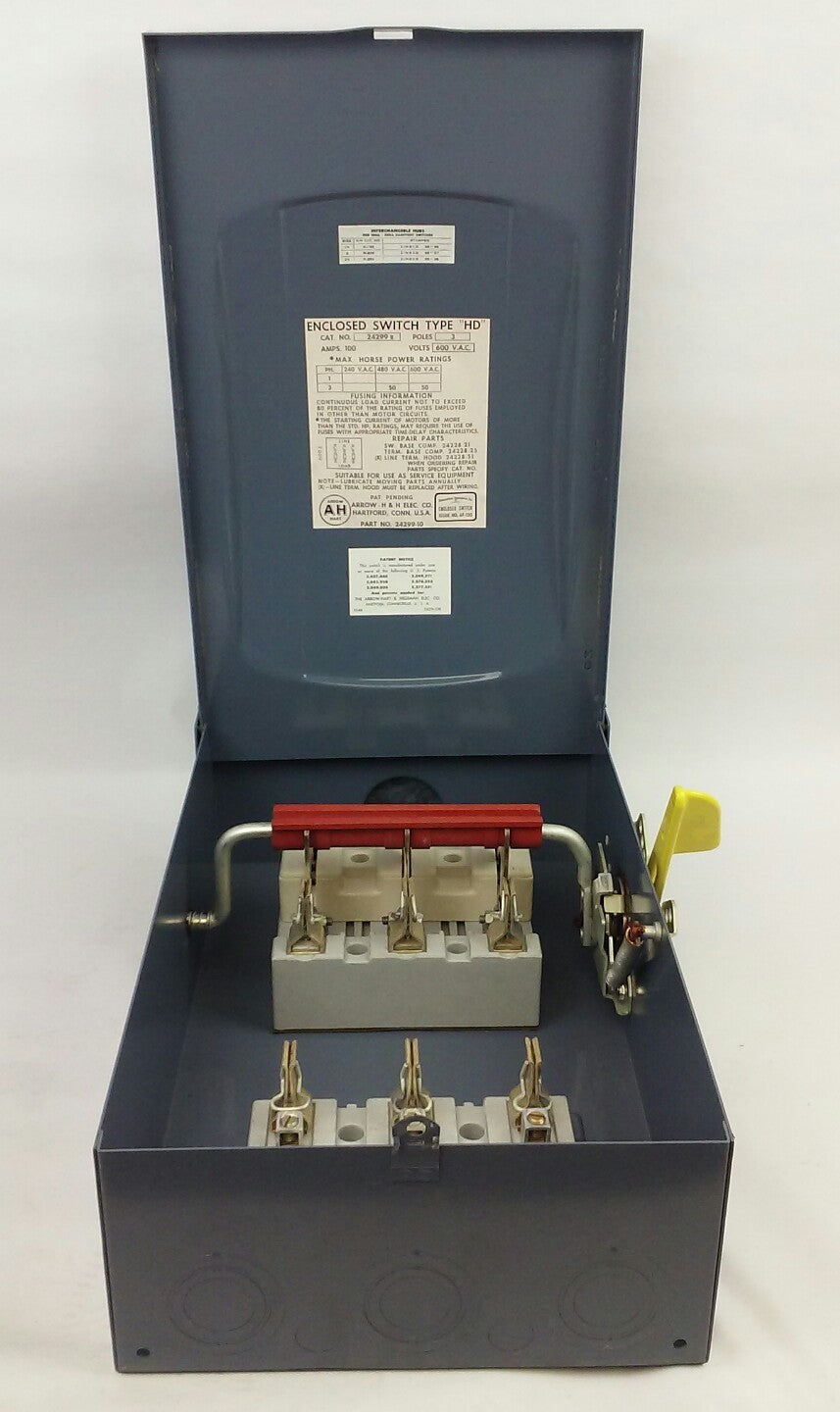 ARROW HART 24299R FUSIBLE ENCLOSED SWITCH TYPE HD, 3P, 3PH, 100A, 600V, NEMA 1