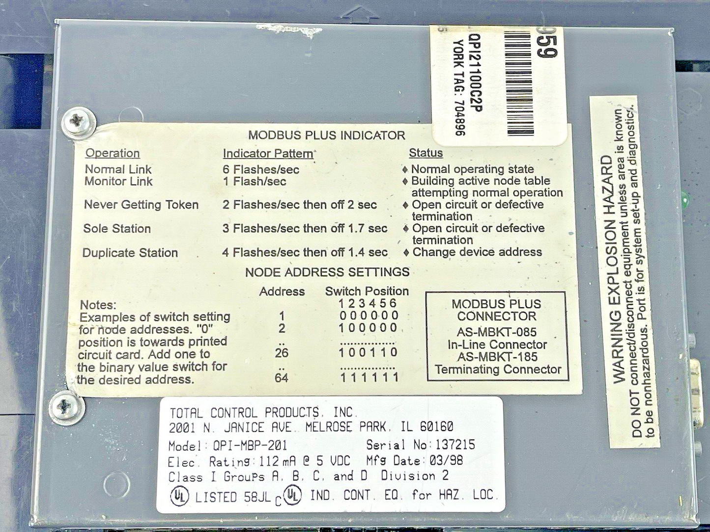 QUICKPANEL - 2780027-02 - TOTAL CONTROL - QPI-MBP-201 - MODBUS PLUS INDICATOR