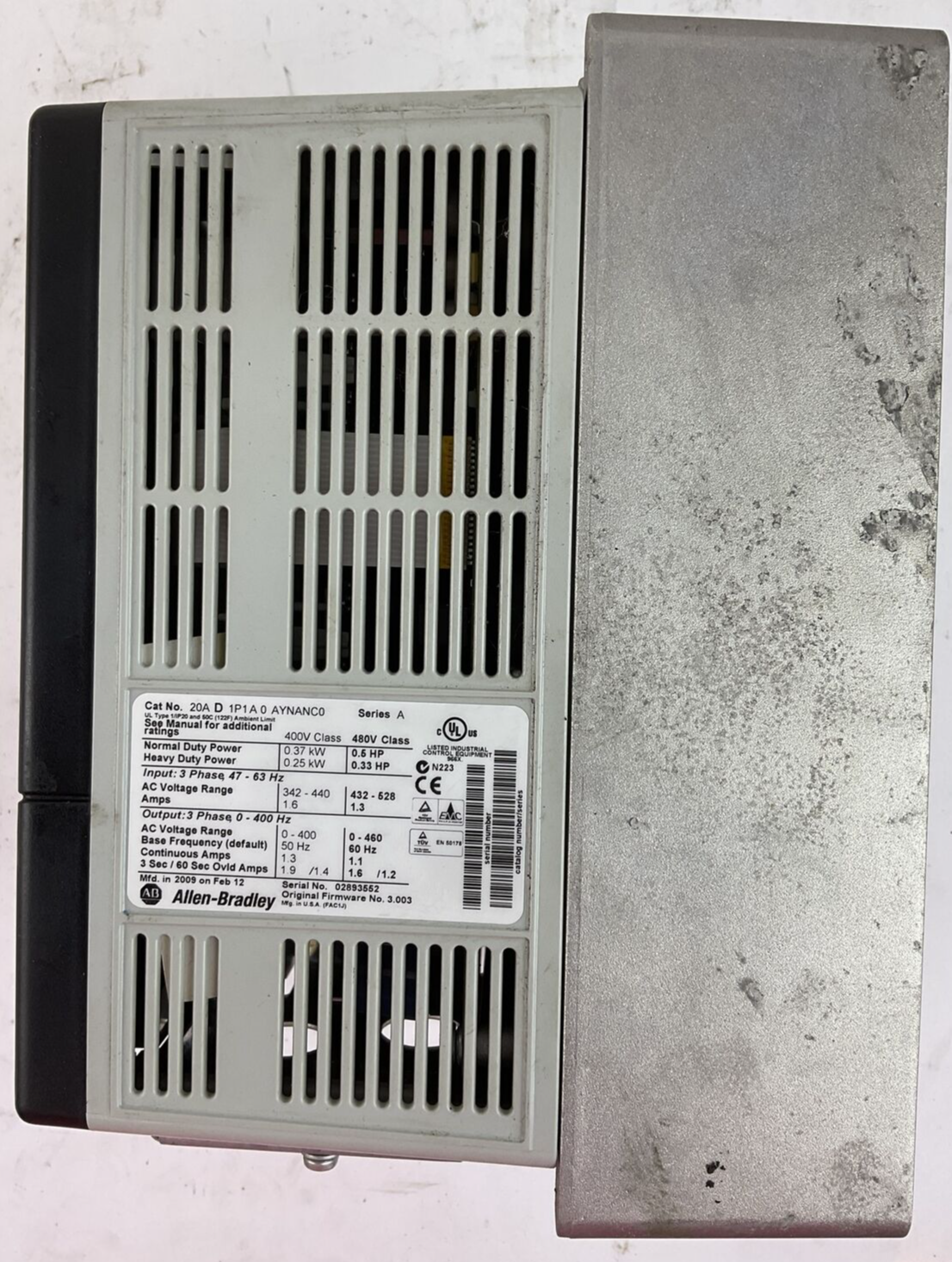 ALLEN BRADLEY 20AD1P1A0AYNANC0 AC DRIVE FIRMWARE NO. 3.003 SER A OUTPUT 0-460VAC