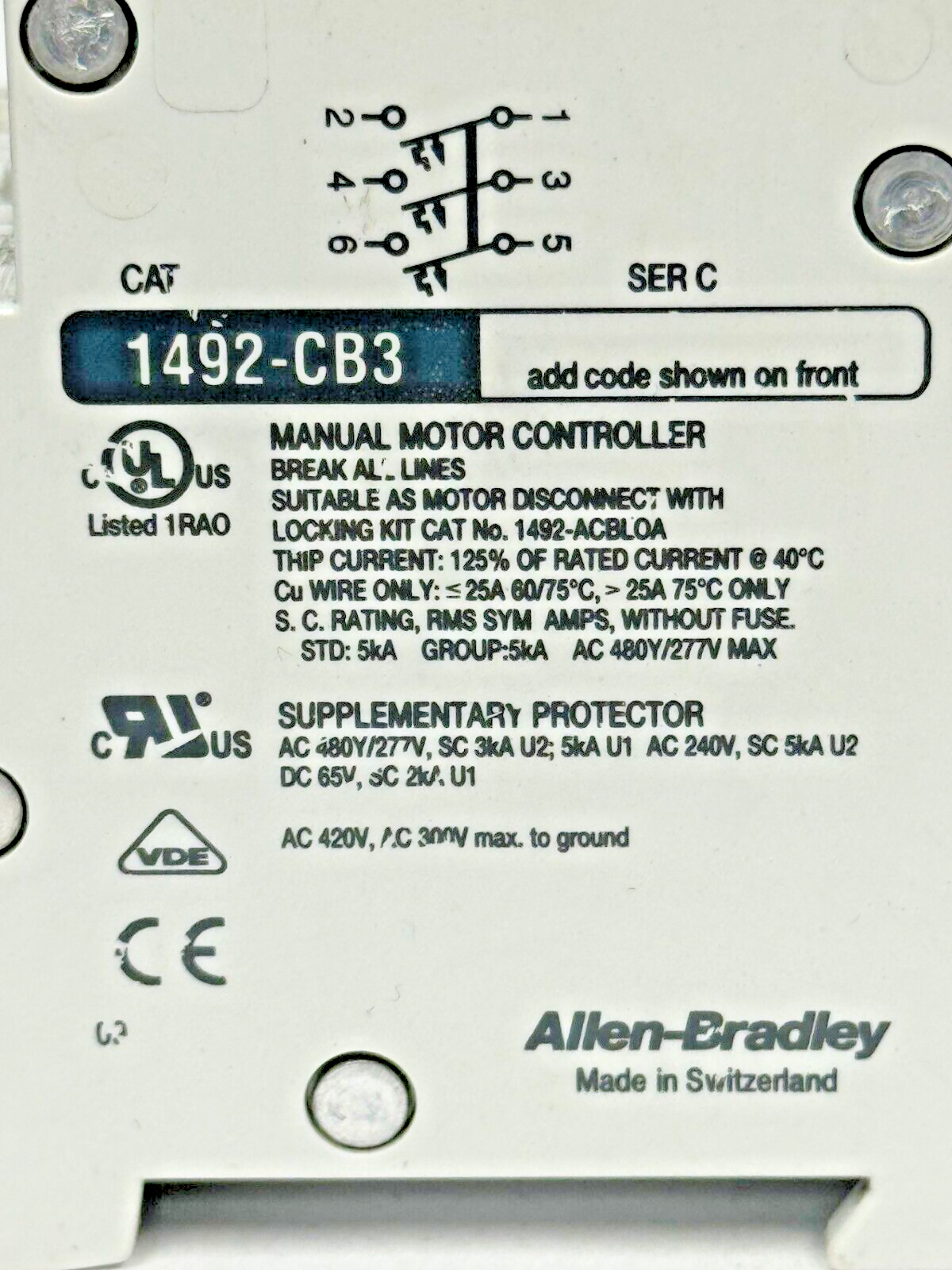 ALLEN-BRADLEY - 1492-CB3-G100 SER. C - MOTOR CONT.- 3P, 10 A, 277 V, 5 HP, 3PH