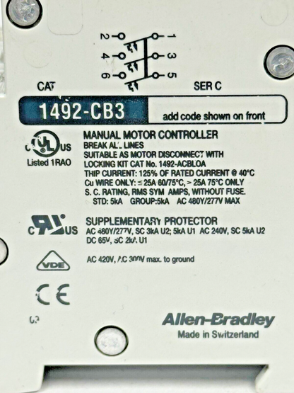 ALLEN-BRADLEY - 1492-CB3-G100 SER. C - MOTOR CONT.- 3P, 10 A, 277 V, 5 HP, 3PH
