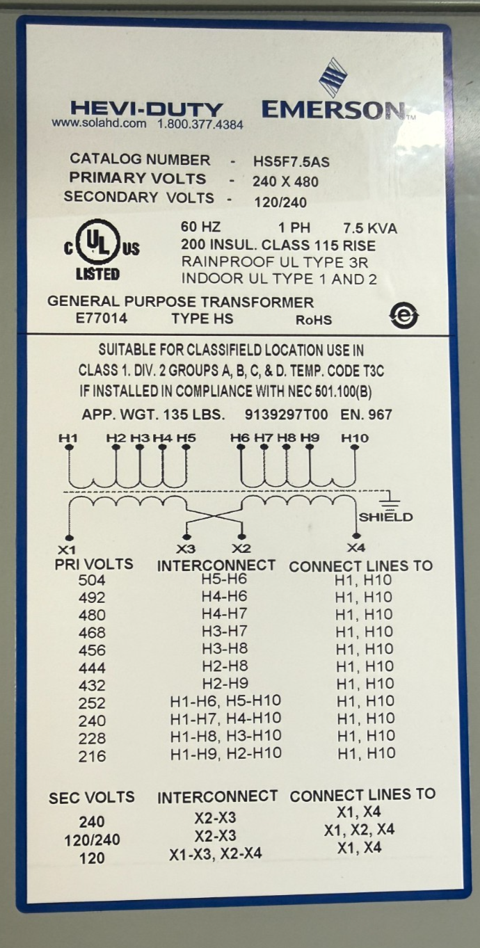 EMERSON HS5F7.5AS HEVI-DUTY TRANSFORMER 7.5KVA 60HZ 240-480V