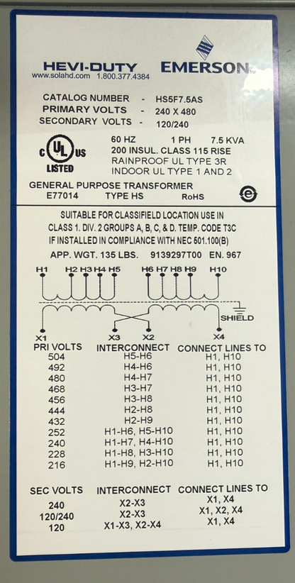 EMERSON HS5F7.5AS HEVI-DUTY TRANSFORMER 7.5KVA 60HZ 240-480V