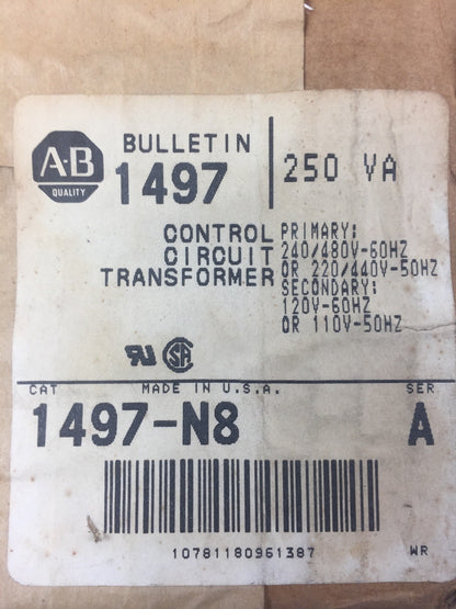 ALLEN BRADLEY 1497-N8 CONTROL CIRCUIT TRANSFORMER .250 KVA 240/480V 60HZ SER A