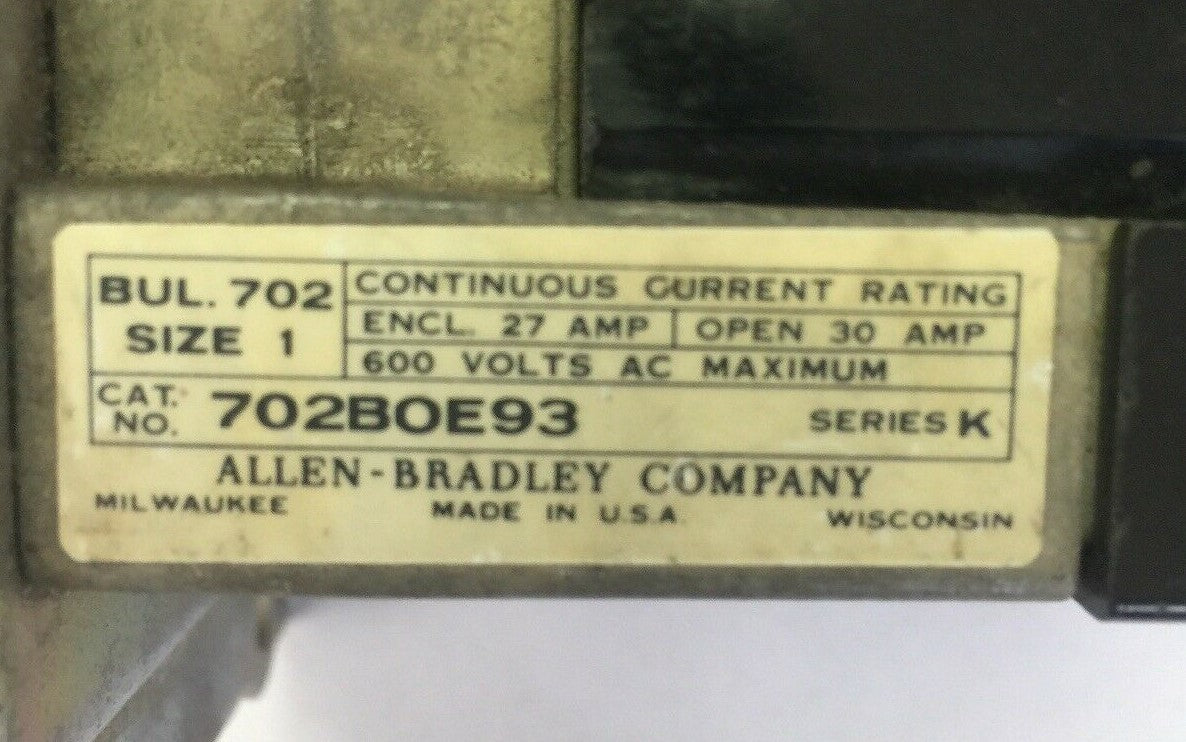 ALLEN BRADLEY 702BOE93 CONTACTOR 600VAC 30A SERIES K 71A86 COIL 120V 60HZ