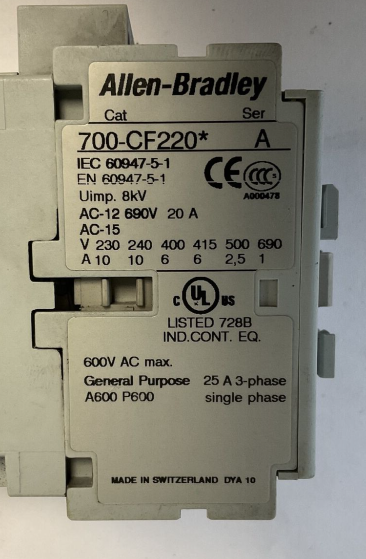 ALLEN BRADLEY 700-CF220* CONTACTOR SER.A 600VAC 25AMPS