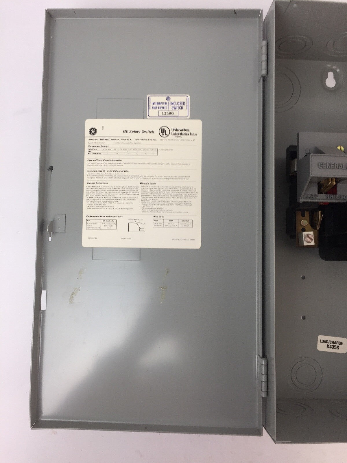 GE THN3362 SAFETY SWITCH 60AMP 600VAC 250VDC 3 PHASE 60 HP TYPE 1 INDOOR MOD 10