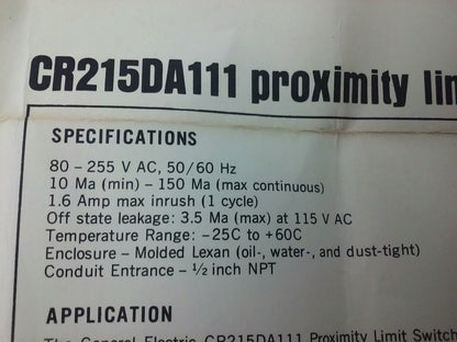 GENERAL ELECTRIC, CR215DA211, PROXIMITY LIMIT SWITCH, 115V 50/60HZ, CR215D, NEW