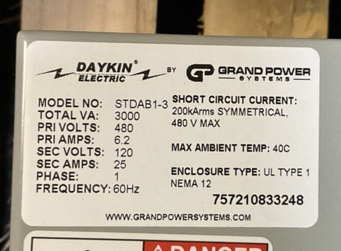 DAYKIN ELECTRIC STDAB1-3 TRANSFORMER DISCONNECT TOTAL VA 3000 PRI VOLTS 480 6.2A