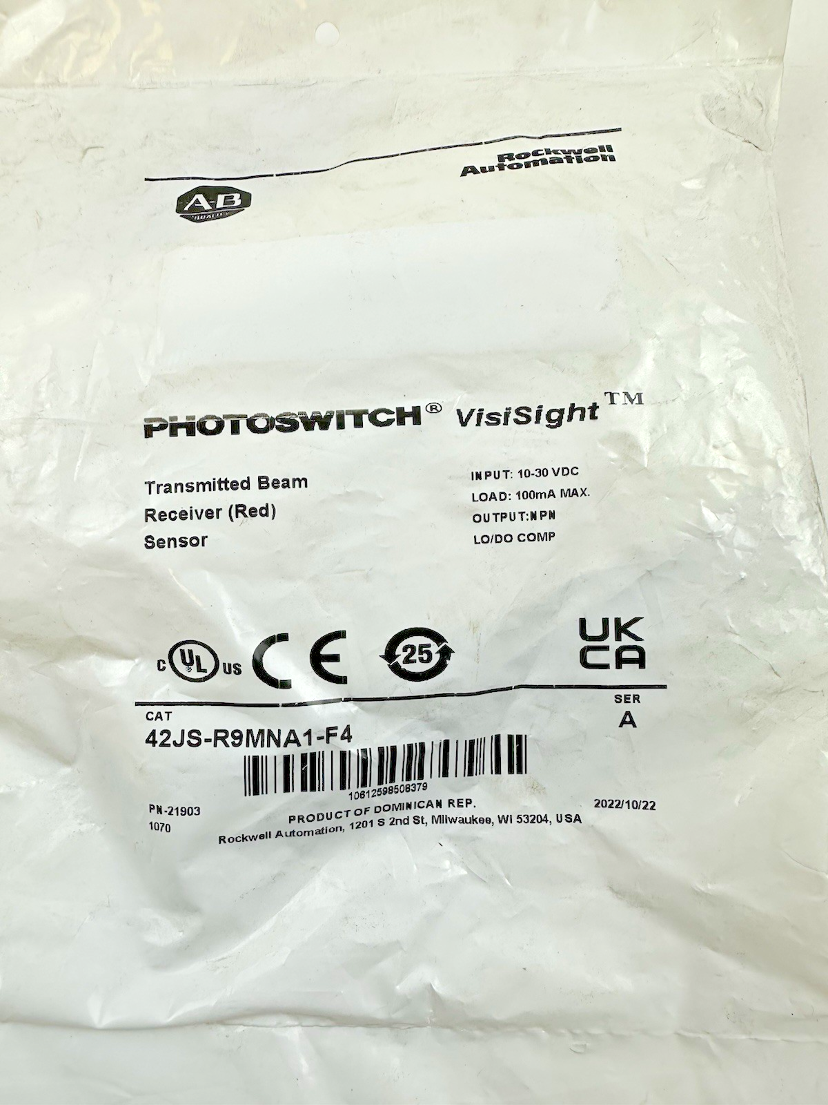 ALLEN BRADLEY 42JS-R9MNA1-F4 SER. A 10-30VDC PHOTOSWITCH TRANSMIT BEAM RECEIVER