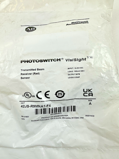 ALLEN BRADLEY 42JS-R9MNA1-F4 SER. A 10-30VDC PHOTOSWITCH TRANSMIT BEAM RECEIVER