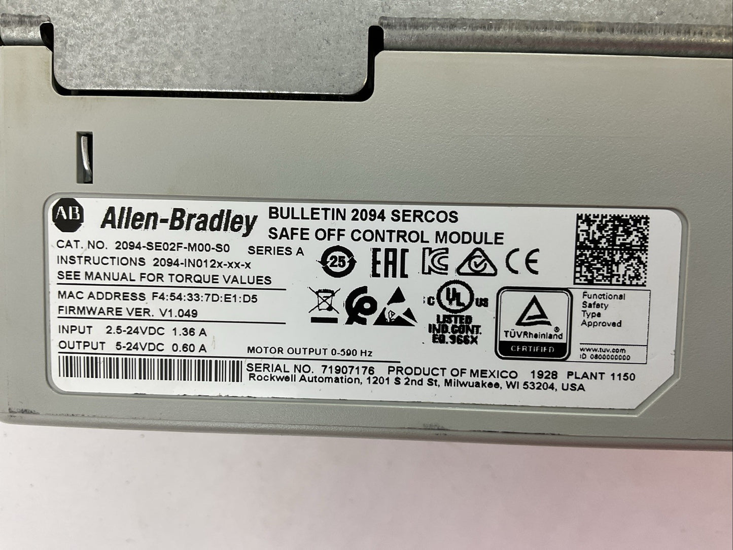 ALLEN BRADLEY 2094-BC01-MP5-M INTEGRATED AXIS MODULE SER A 2094-SE02F-M00-S0