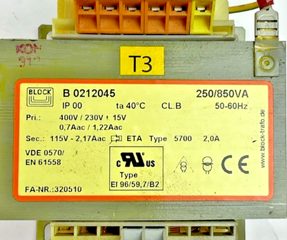 BLOCK B0212045 TRANSFORMER 250/850VA 50-60HZ 400V