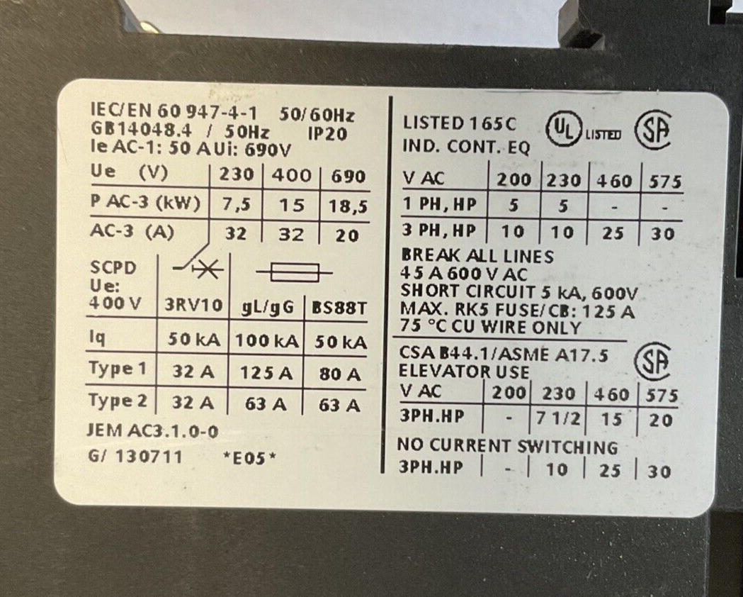 SIEMENS 3RT1034-1BB40 CONTACTOR 50/60HZ 45A 600VAC