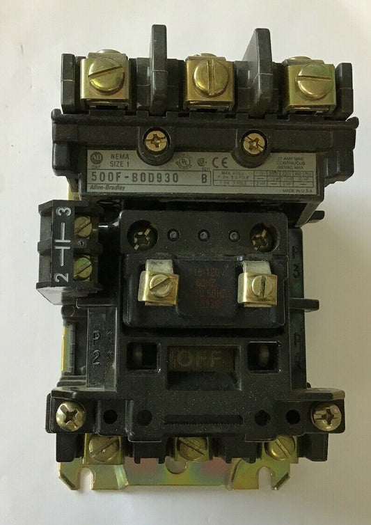 ALLEN BRADLEY 500F-B0D930 SER.B SIZE 1 CONTACTOR 600VAC 27AMP 10HP 120V COIL