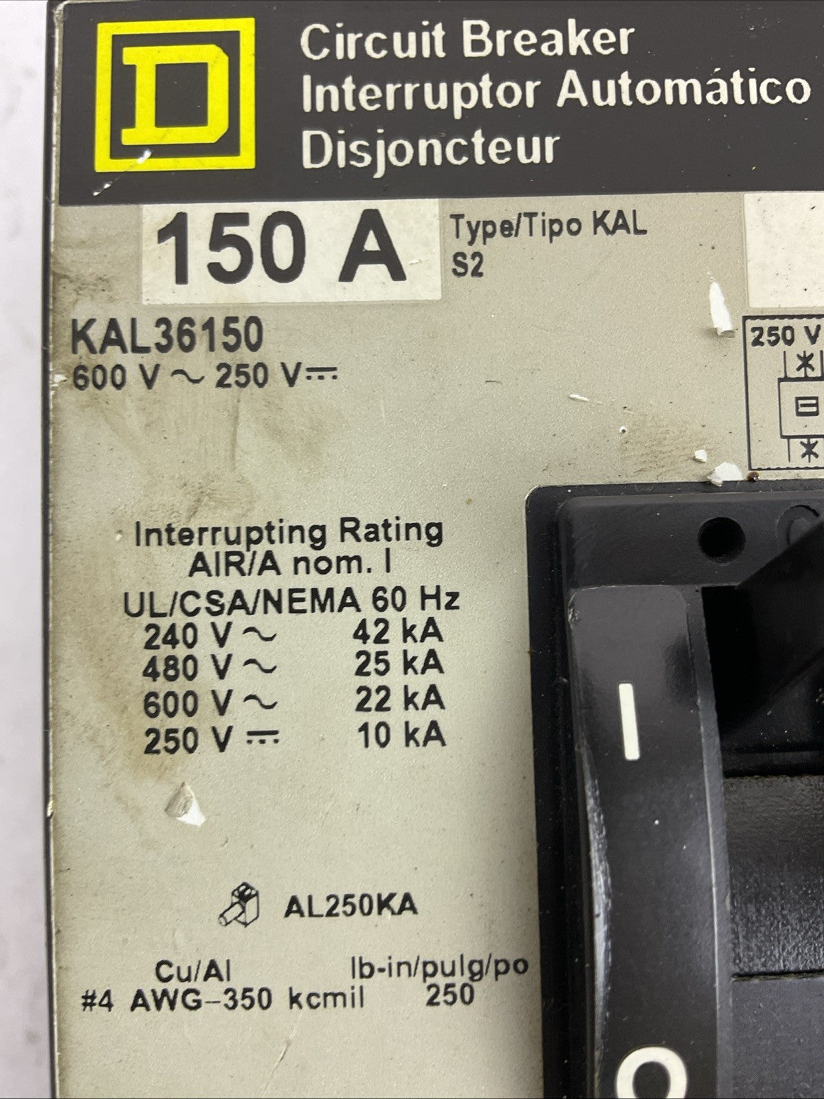 SQUARE D KAL36150 600VAC 250VDC 150AMP TYPE S2 3POLE CIRCUIT BREAKER