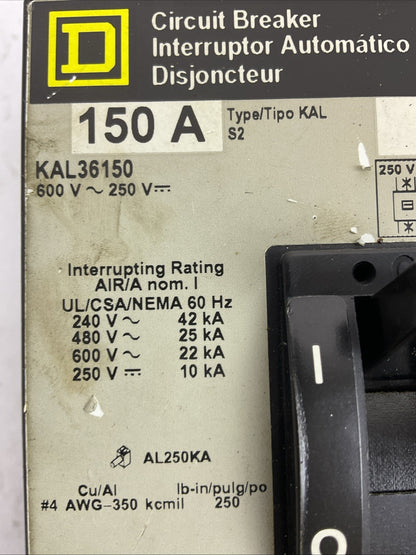 SQUARE D KAL36150 600VAC 250VDC 150AMP TYPE S2 3POLE CIRCUIT BREAKER