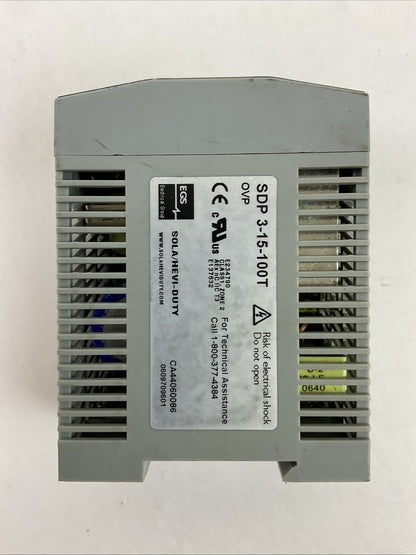 SOLA SDP 3-15-100T POWER SUPPLY 15VDC 3.4A NEC CLASS2 115/230VAC 1.1/0.7A