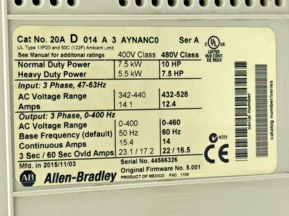 ALLEN BRADLEY - 20AD014A3AYNANC0 SER. A FRN: 5.001-POWERFLEX 70-3PH/10HP/480V/