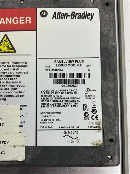 ALLEN BRADLEY 2711P-RDT10C SER B PANELVIEW PLUS 1000 2711P-RP8A SER A 100-240VAC