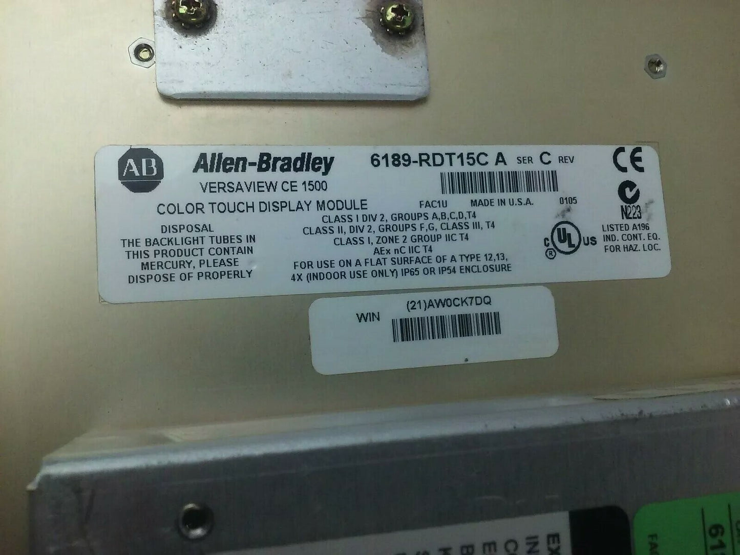 ALLEN BRADLEY 6182H-15TEH4B VERSA VIEW CE1500H TOUCH SCREEN MONITOR SER C REV A
