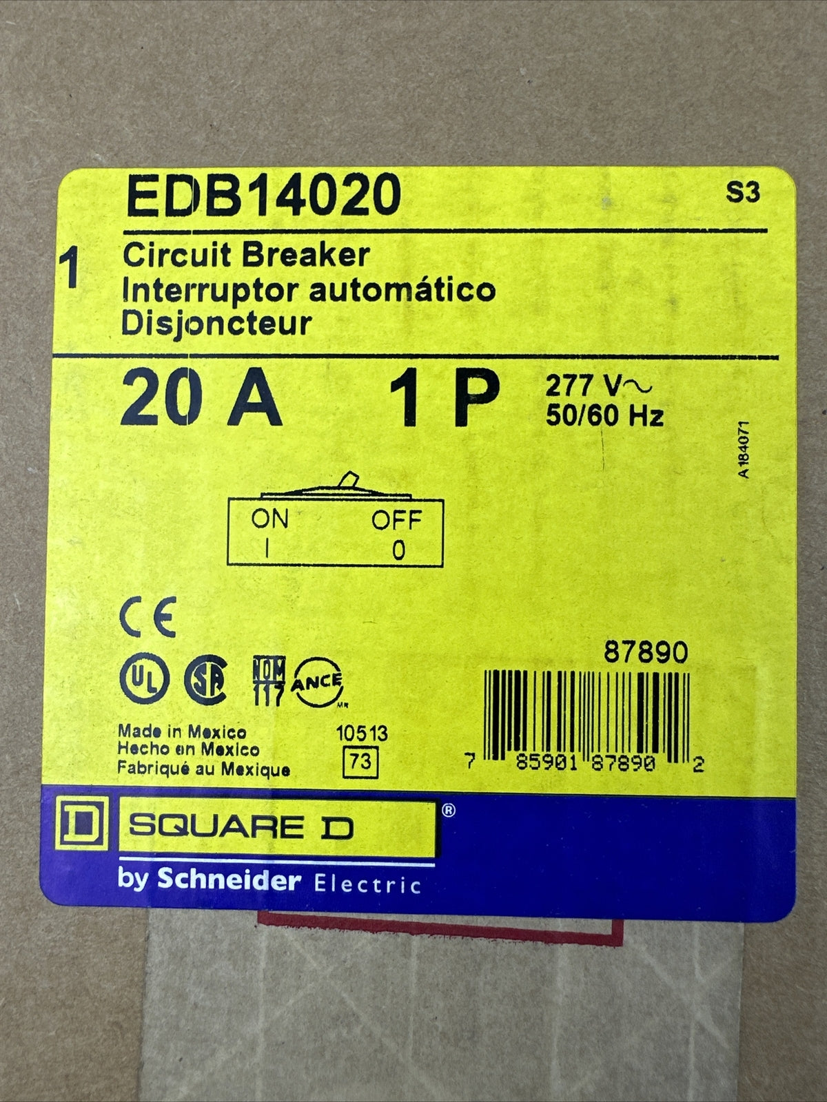SQUARE D EDB14020 CIRCUIT BREAKER 20AMP 1POLE 277VAC 50/60HZ