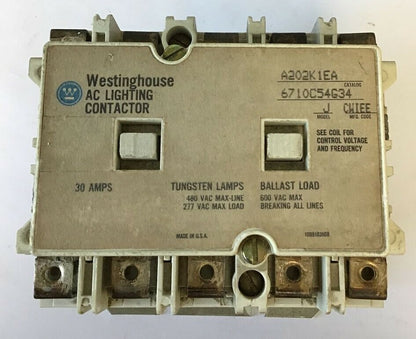 WESTINGHOUSE AC LIGHTING CONTACTOR A202K1EA MODEL J 6710C54G34