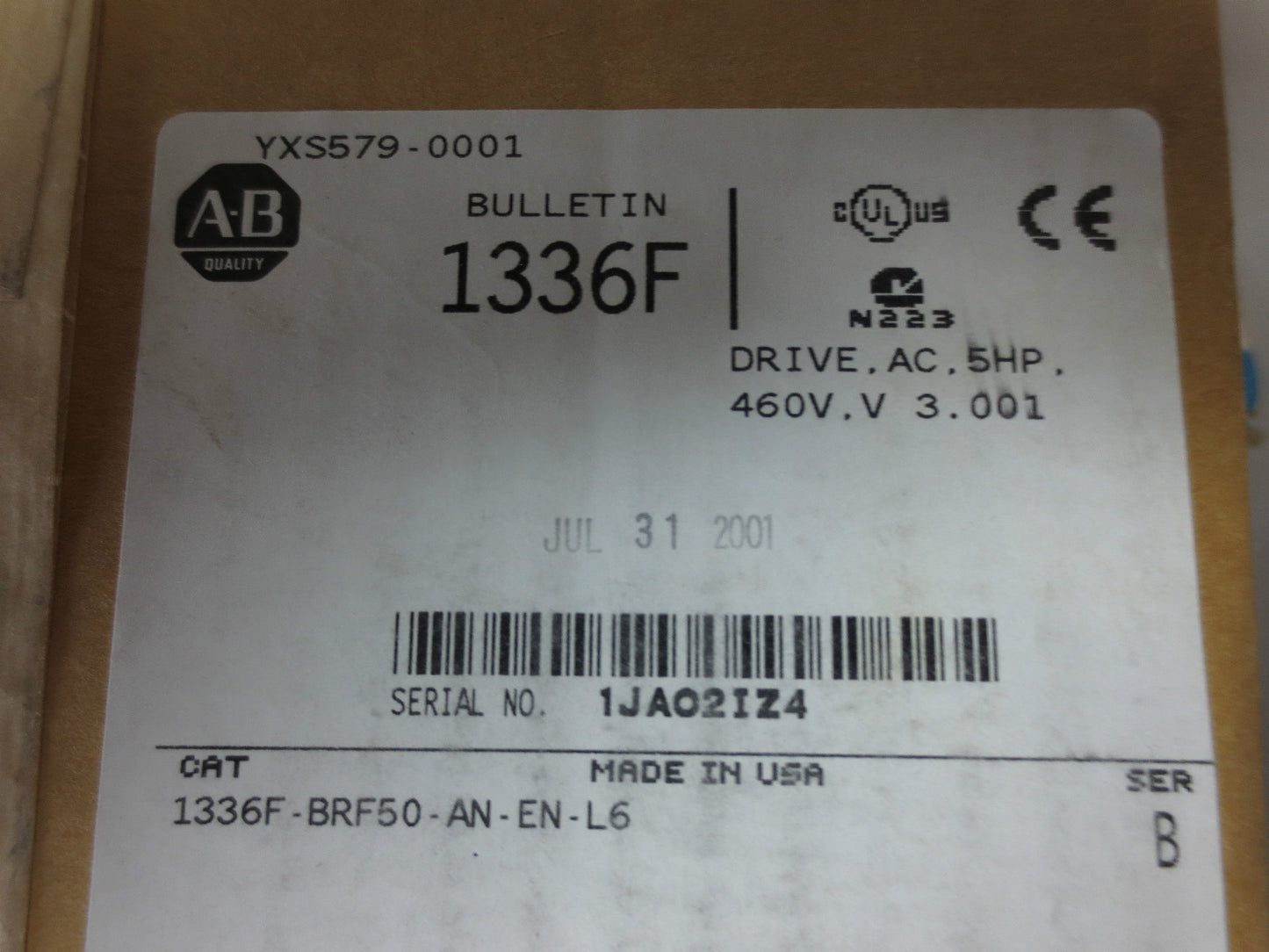 ALLEN-BRADLEY 1336F-BRF50-AN-EN-L6, Ser. B AC DRIVE, 5HP, 460V LESS MOTHERBOARD