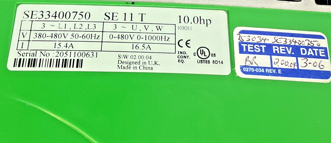 CONTROL TECHNIQUES FREQUENCY CONVERTER SE34400750 10HP 480V