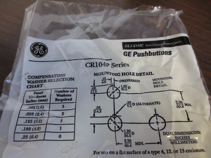 GE CR104PBG02R3 HD OILTIGHT PUSHBUTTON, RECESSED, RED, 2 N.C. - NEW SURPLUS