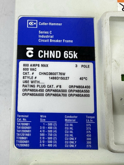 CUTLER HAMMER CHND3800T76W 800A 600V 3P CIRCUIT BREAKER W/DIGITRIP 750 TRIP UNIT