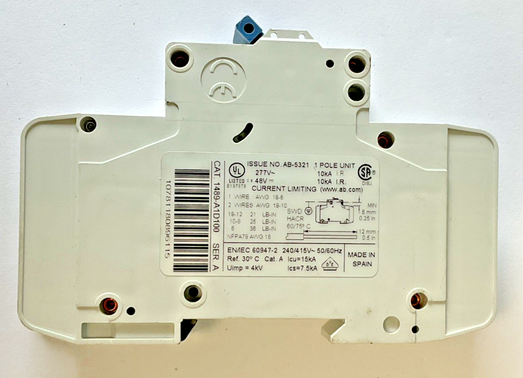 ALLEN BRADLEY 1489-A1D100 CIRCUIT BREAKER SER.A 10KA 277V 50/60HZ ***LOTOF4***