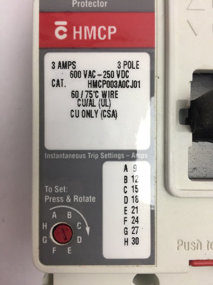 CUTLER-HAMMER HMCP003A0CJ01 MOTOR CIRCUIT PROTECTOR 600VAC 250VDC 3AMP SERIES C