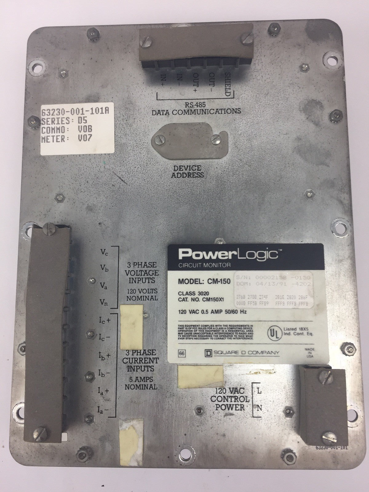 SQUARE D CM-150 POWER LOGIC CIRCUIT MONITOR 120 VAC 0.5 AMP 50/60 HZ CLASS 3020