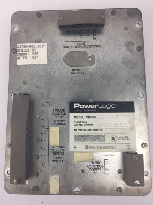 SQUARE D CM-150 POWER LOGIC CIRCUIT MONITOR 120 VAC 0.5 AMP 50/60 HZ CLASS 3020