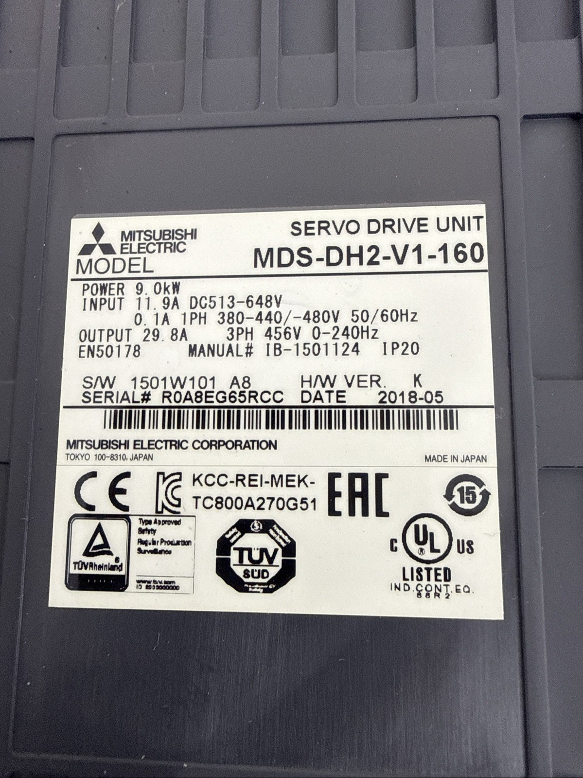 MITSUBISHI SERVO DRIVE MDS-DH2-V1-160 H/WVER.KSERVO DRIVE 9KW 480V 50/60HZ