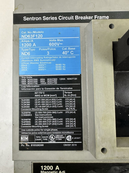 SENTRON SERIES ITE ND63F120 CIRCUIT BREAKER 1200AMP 600VAC 3P 1000AMP TRIP UNIT