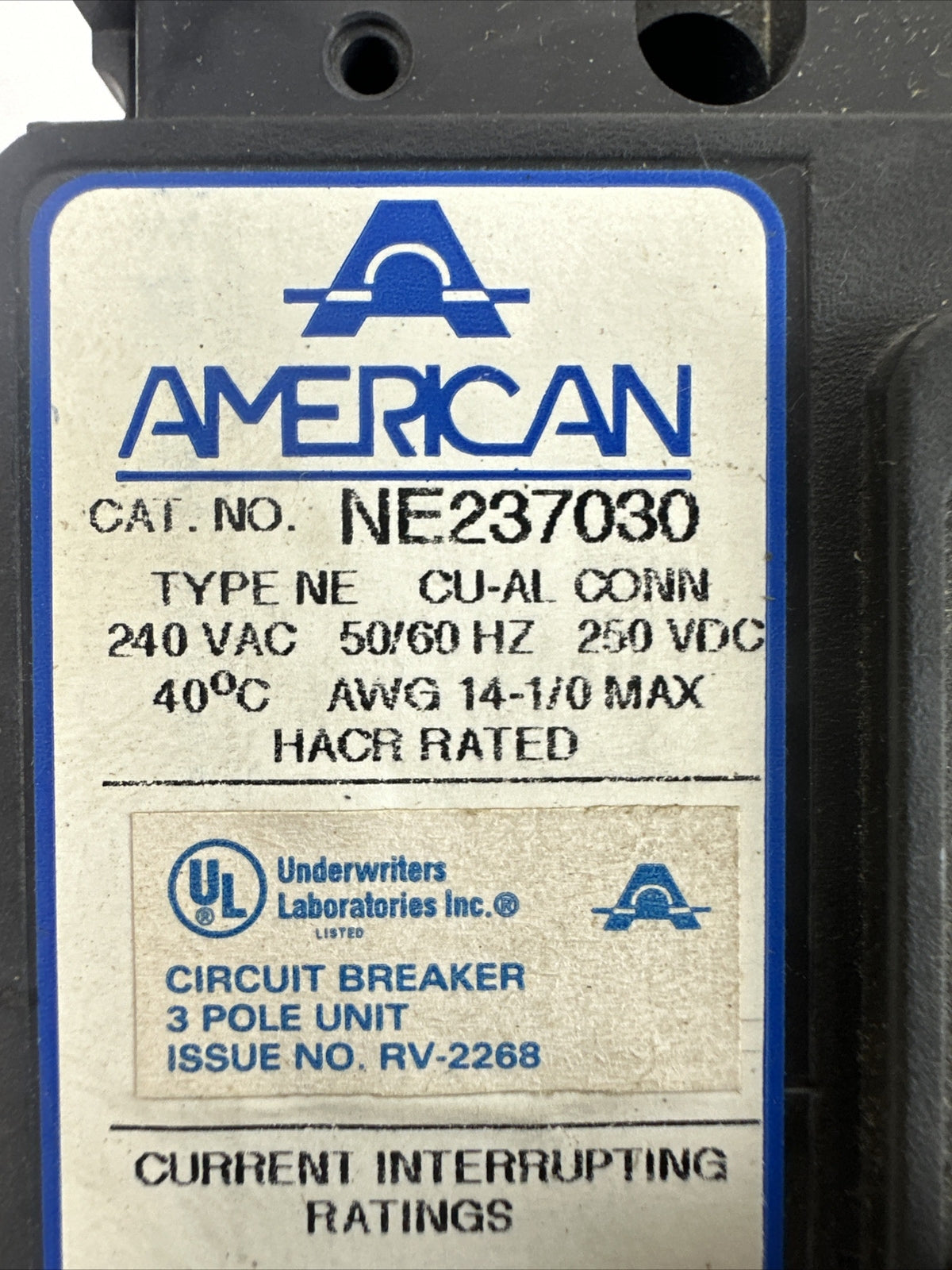 AMERICAN NE237030 CIRCUIT BREAKER 240VAC 250VDC 30AMPS 3POLES