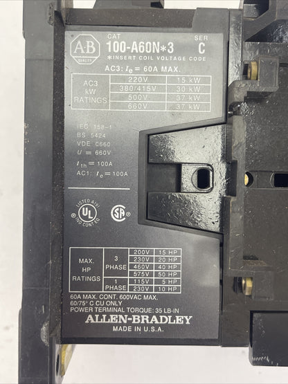 ALLEN BRADLEY 100-A60N*3 CONTACTOR SER C 60A 600VAC 50HP COIL 120V 60HZ