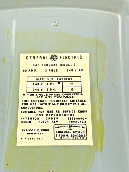 GE - TGN3322 MODEL 2 - SAFETY SWITCH - 60A/ 240VAC/ 3 POLE/ TYPE 1