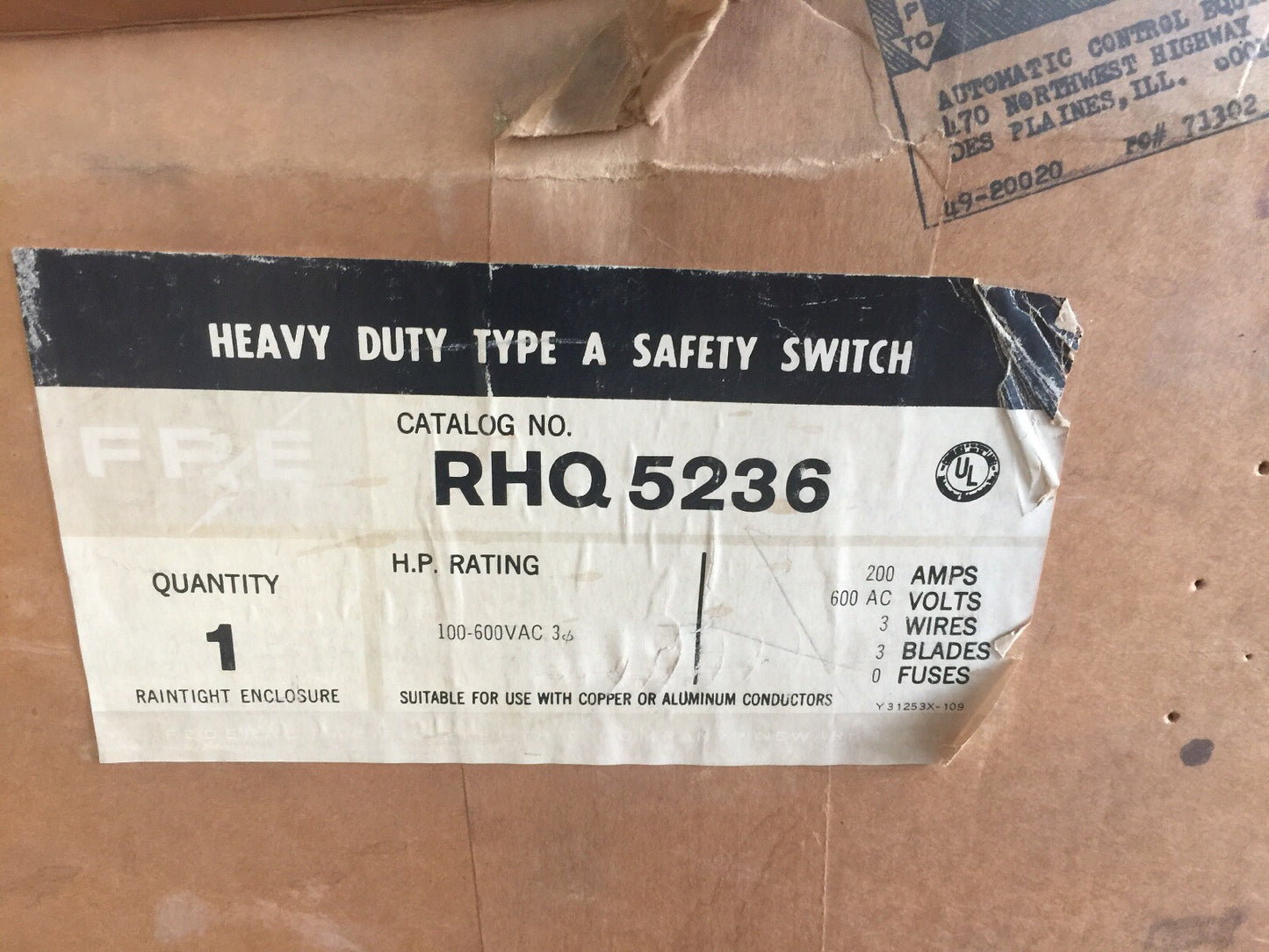 FPE RHQ5236 HEAVY DUTY TYPE A SAFETY SWITCH NON-FUSIBLE 200A 600VAC RAINTIGHT