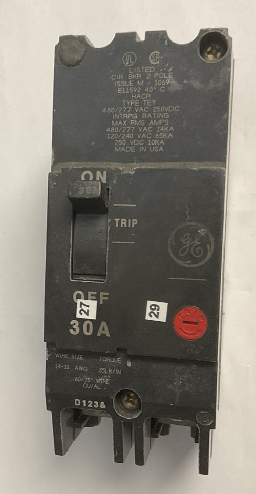 GE TEY230 CIRCUIT BREAKER 30A 480VAC 2POLE 250VDC