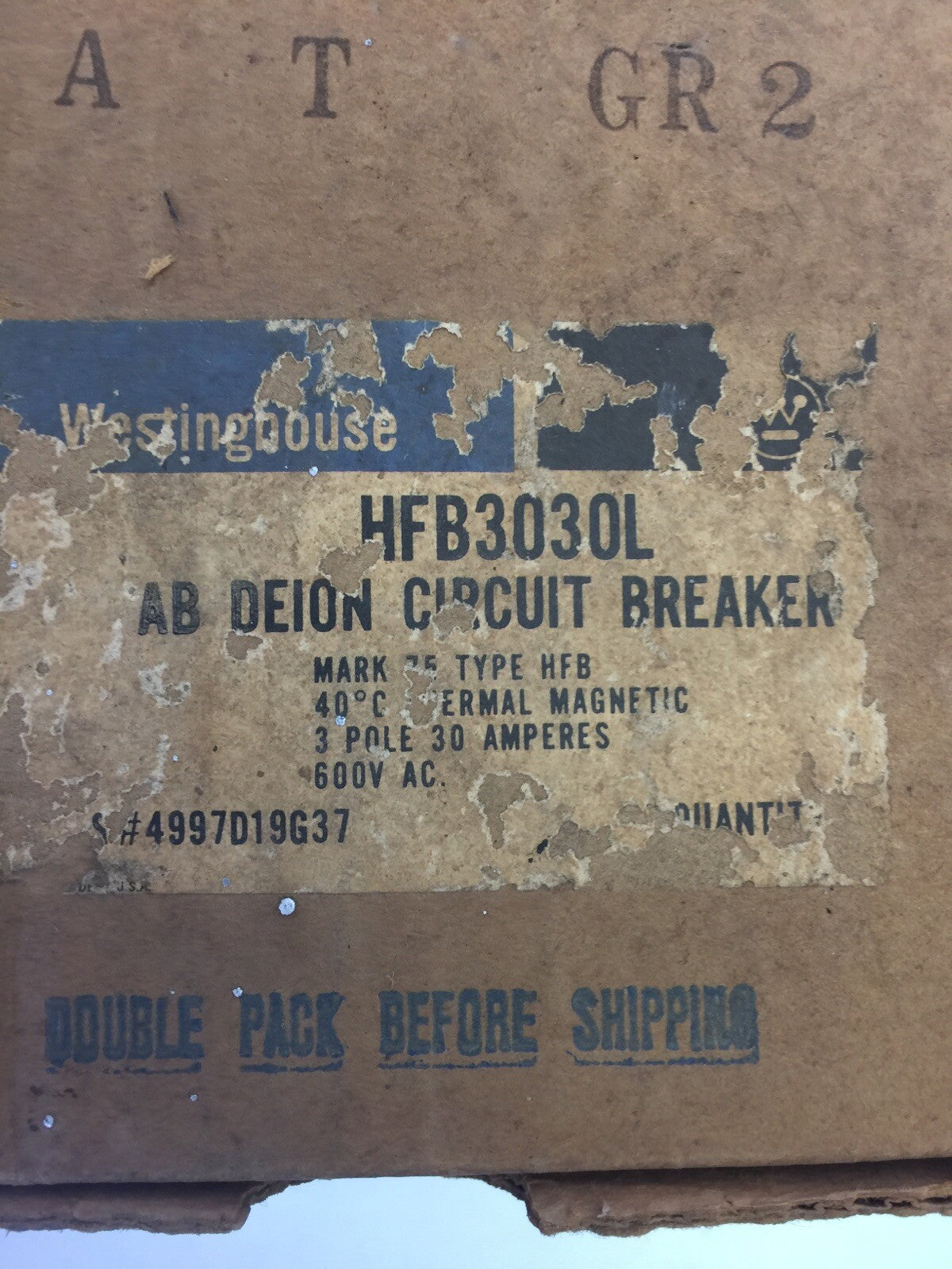 WESTINGHOUSE HFB3030L AB DE-ION CIRCUIT BREAKER 30AMP 600VAC 3P 4997D19G37