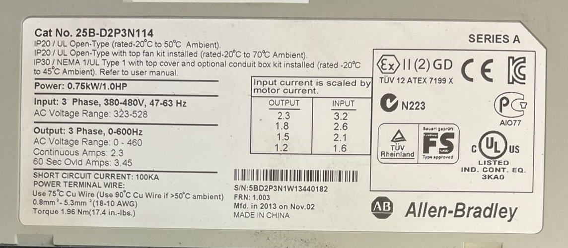 ALLEN BRADLEY 25B-D2P3N114 AC DRIVE FRN 1.003 OUTPUT 0-460VAC SER A